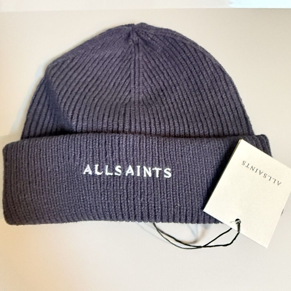 Allsaints Classic Logo Beanie Hat Collegiate Blue Wool Blend Men’s Women’s NWT